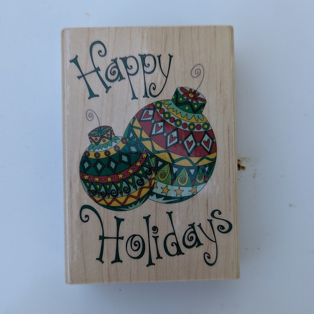 Festive Wooden Holiday Rubber Stamp